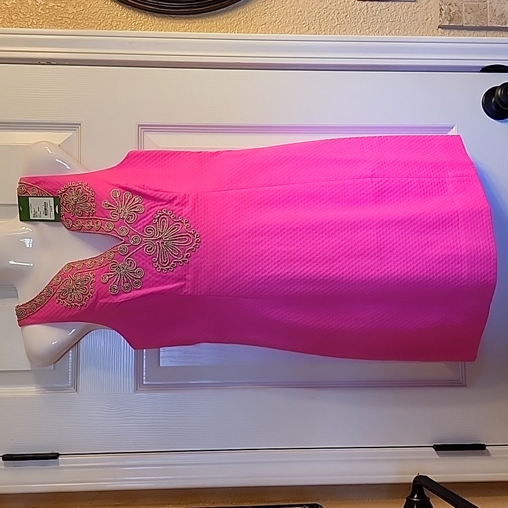NWT Lilly Pulitzer Gabby Shift Dress Pop Pink Gold Embroidery Women's Size 2